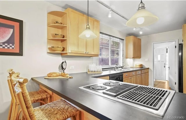 6235 E 6th Avenue Parkway, Denver, CO 80220 - kitchen featuring light brown cabinetry, a sink, dark countertops, pendant lighting, and stainless steel electric stovetop