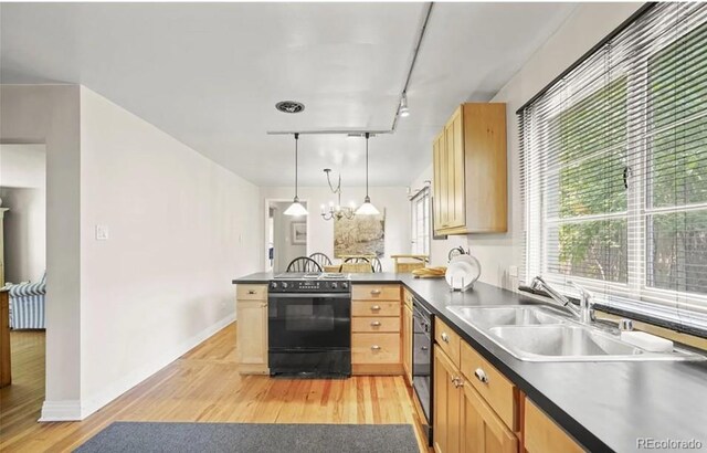 6235 E 6th Avenue Parkway, Denver, CO 80220 - kitchen with a sink, a peninsula, rail lighting, black appliances, and light wood-style floors