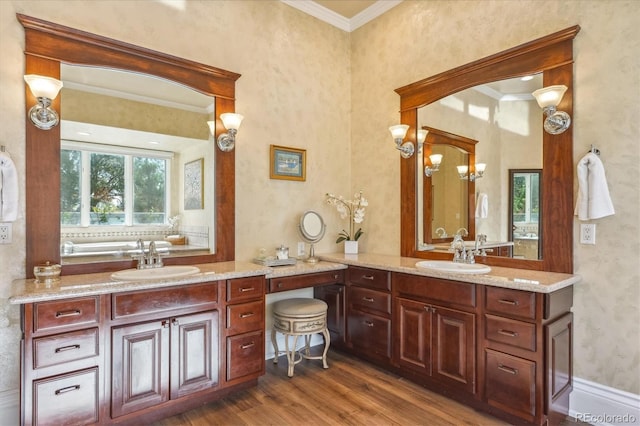 bathroom featuring vanity, hardwood / wood-style flooring, and ornamental molding