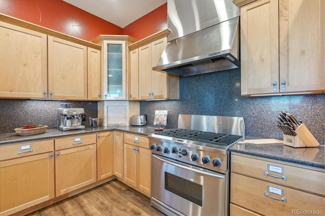 kitchen with wall chimney exhaust hood, stainless steel stove, and backsplash