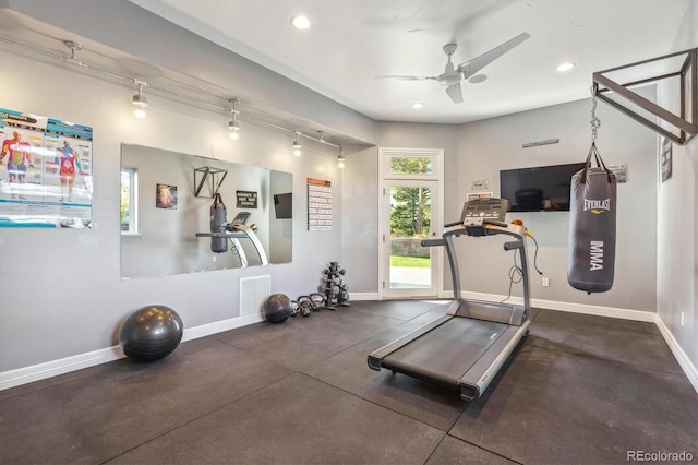 workout room with ceiling fan