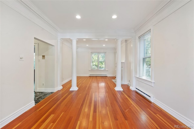 1355 N Franklin St Unit 5, Denver, CO 80218 - corridor featuring decorative columns, light wood-style flooring, a baseboard radiator, crown molding, and recessed lighting
