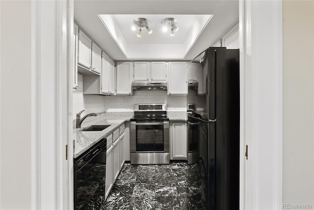 1355 N Franklin St Unit 5, Denver, CO 80218 - kitchen featuring black appliances, under cabinet range hood, light stone countertops, a raised ceiling, and tasteful backsplash