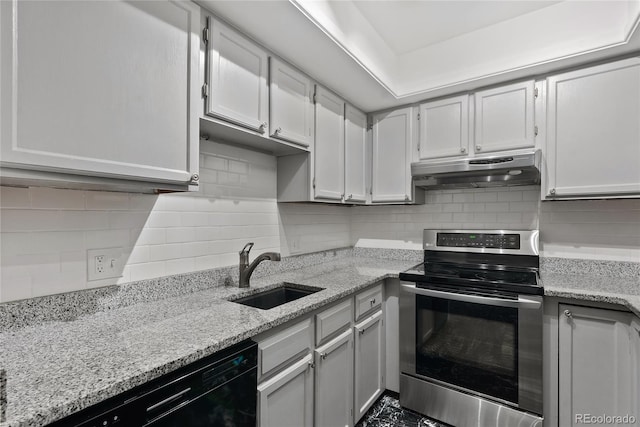 1355 N Franklin St Unit 5, Denver, CO 80218 - kitchen featuring stainless steel range with electric cooktop, under cabinet range hood, dishwasher, backsplash, and light stone counters