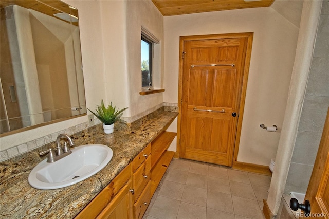 4417 Twinview Ct, Crestone, CO 81131 - bathroom featuring vanity, tile patterned flooring, toilet, wood ceiling, and baseboards