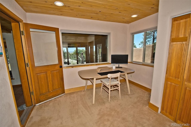 4417 Twinview Ct, Crestone, CO 81131 - dining area featuring baseboards, wooden ceiling, recessed lighting, and carpet floors