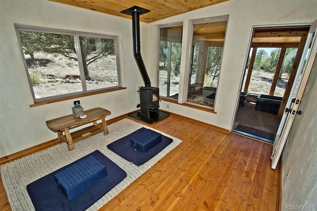 4417 Twinview Ct, Crestone, CO 81131 - workout area featuring a wood stove, wood-type flooring, wood ceiling, and baseboards