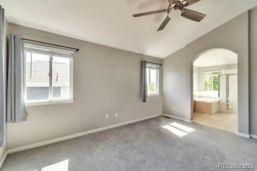 4630 Whitehall Ln, Highlands Ranch, CO 80126 - unfurnished bedroom featuring arched walkways, multiple windows, carpet, and lofted ceiling