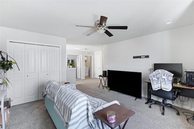 10869 Traders Pkwy, Fountain, CO 80817 - living area featuring light colored carpet, a ceiling fan, and an office area