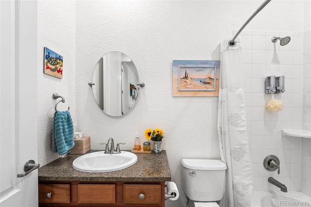 14805 Quince Way, Thornton, CO 80602 - bathroom featuring vanity, shower / tub combo, and a textured wall