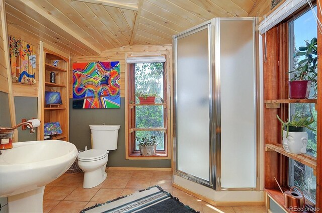 bathroom with wooden ceiling, vaulted ceiling, toilet, and a shower with shower door