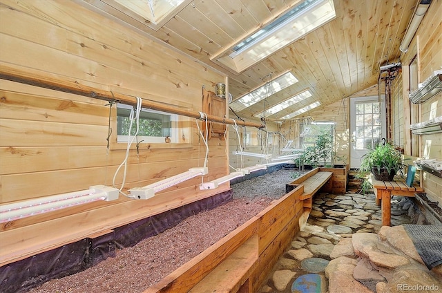 interior space with wooden ceiling, wood walls, and lofted ceiling with skylight