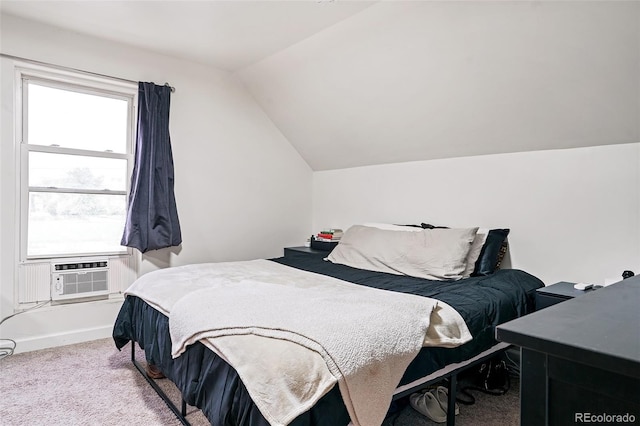 bedroom featuring vaulted ceiling, multiple windows, carpet, and cooling unit