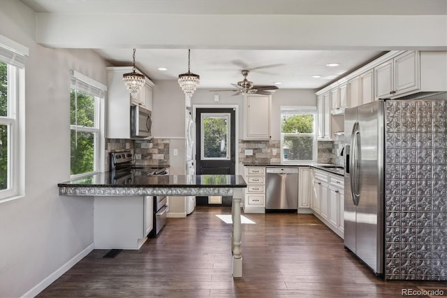 765 Iola St, Aurora, CO 80010 - kitchen featuring appliances with stainless steel finishes, healthy amount of natural light, decorative backsplash, dark wood-style floors, and recessed lighting