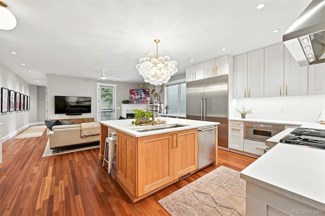 549 Milwaukee St, Denver, CO 80206 - kitchen featuring range hood, appliances with stainless steel finishes, light countertops, dark wood-style floors, and recessed lighting