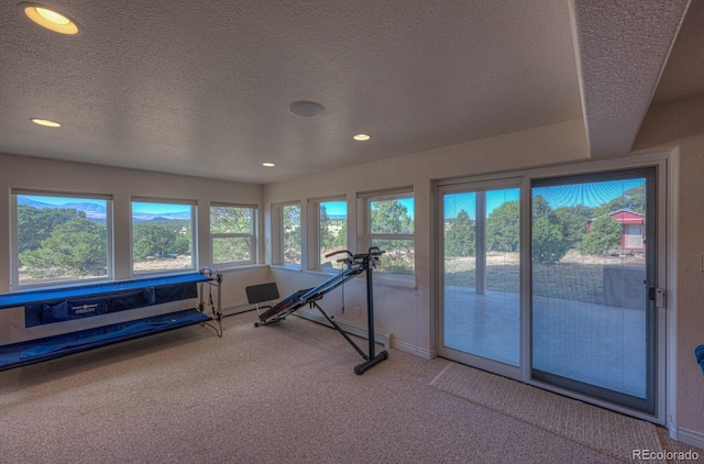 exercise area with carpet and a textured ceiling