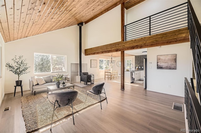2037 Mockingbird Trl, Bailey, CO 80421 - living area with high vaulted ceiling, wood finished floors, a chandelier, baseboards, and wooden ceiling