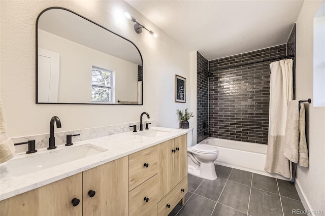 2037 Mockingbird Trl, Bailey, CO 80421 - full bathroom featuring double vanity, tile patterned floors, toilet, and shower / bathtub combination with curtain