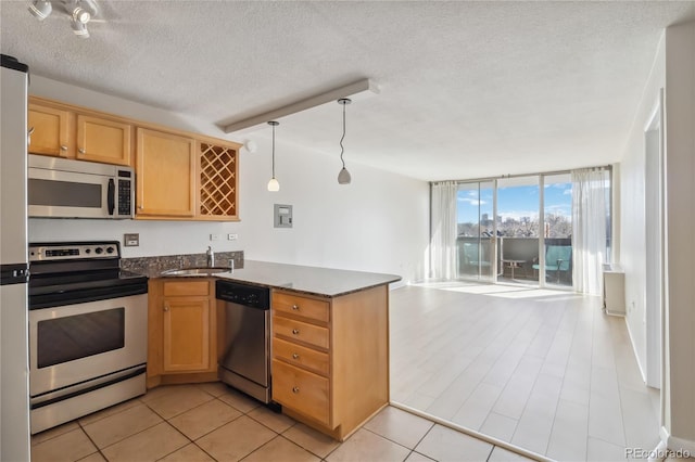 kitchen with a peninsula, a sink, stainless steel appliances, floor to ceiling windows, and a textured ceiling