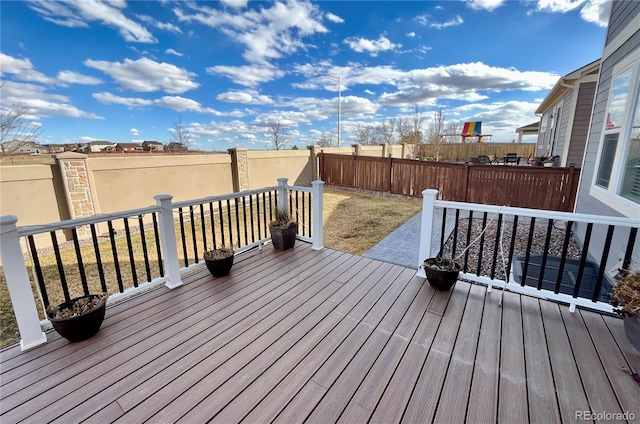 wooden terrace featuring a fenced backyard