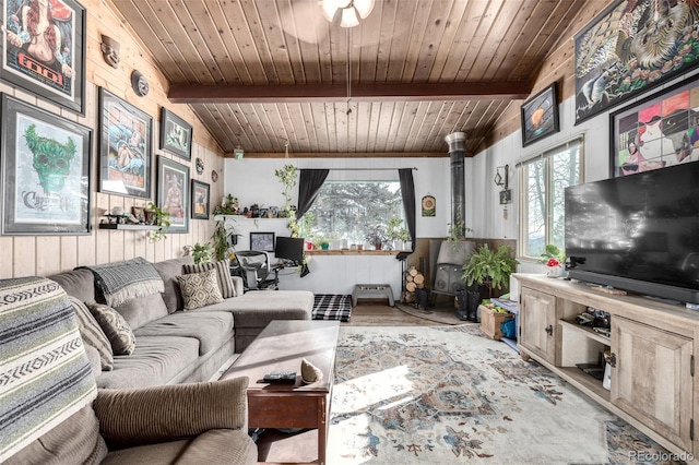 8537 S Doubleheader Hwy, Morrison, CO 80465 - living room with a wood stove, wooden ceiling, and wood walls