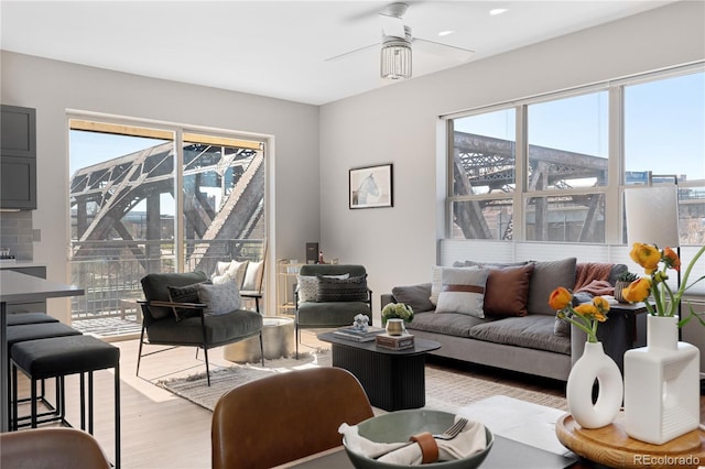 living room featuring ceiling fan and light hardwood / wood-style flooring