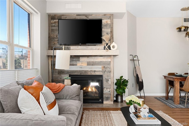 living room with wood-type flooring and a healthy amount of sunlight