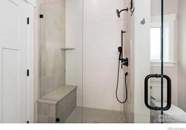 bathroom featuring a shower with shower door