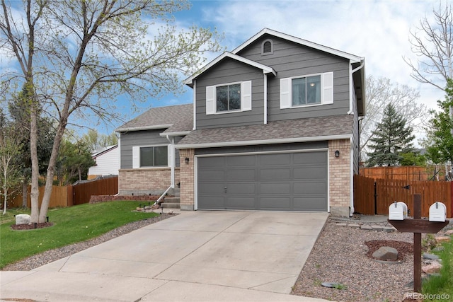 view of front facade featuring fence, a front lawn, brick siding, a garage, and concrete driveway