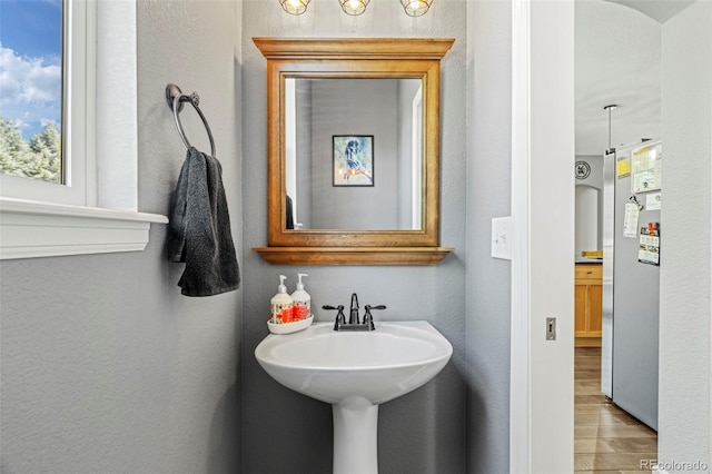 bathroom with wood-type flooring