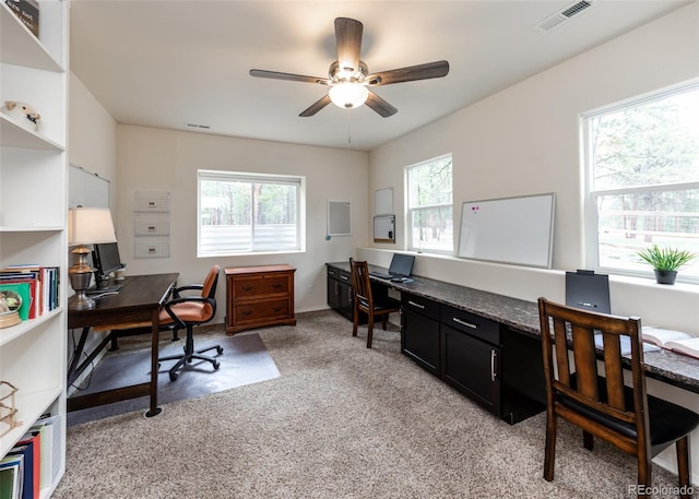 15948 Huckleberry Hts, Colorado Springs, CO 80908 - home office featuring a ceiling fan, light colored carpet, and visible vents