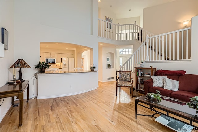 living room featuring light hardwood / wood-style floors and a towering ceiling