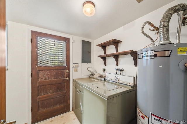 4631 Ashfield Dr, Boulder, CO 80301 - laundry area featuring gas water heater, washer and dryer, electric panel, and light floors