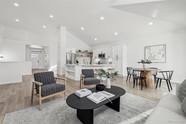 living room with light hardwood / wood-style flooring and high vaulted ceiling