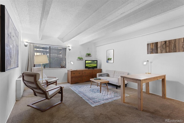 555 E 10th Ave Unit 15, Denver, CO 80203 - living room featuring carpet, a textured ceiling, and beamed ceiling