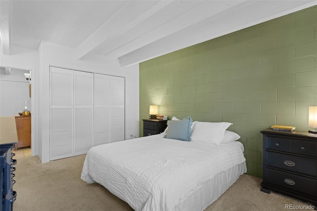 555 E 10th Ave Unit 15, Denver, CO 80203 - bedroom with light carpet, a closet, and concrete block wall