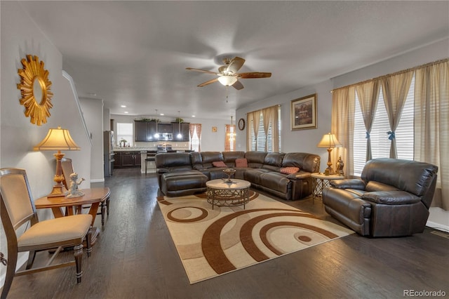 9476 Juniper Way, Arvada, CO 80007 - living room featuring a ceiling fan and dark wood finished floors
