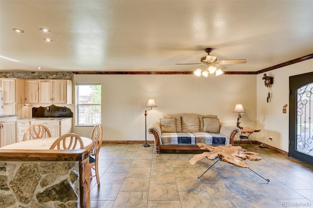 130 Windwalker Rd, Buena Vista, CO 81211 - living area with ornamental molding and a ceiling fan