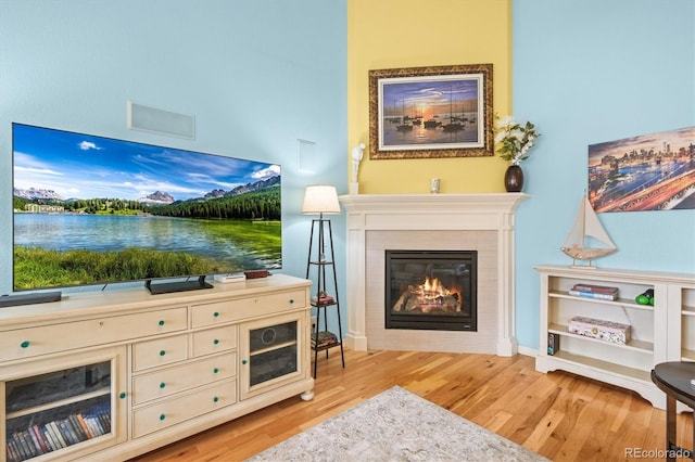 living area with wood finished floors and a tiled fireplace