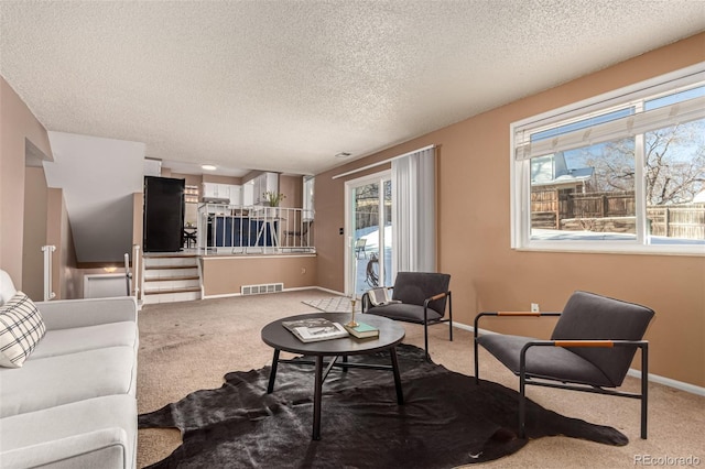 living room with carpet and a textured ceiling