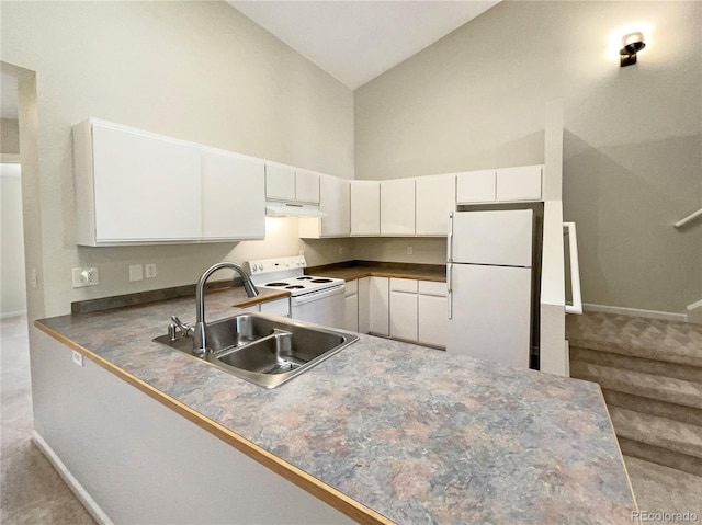 kitchen with white cabinets, a sink, high vaulted ceiling, white appliances, and under cabinet range hood