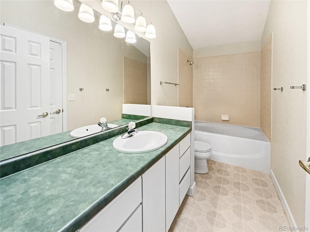 full bathroom with bathtub / shower combination, tile patterned flooring, toilet, vanity, and baseboards