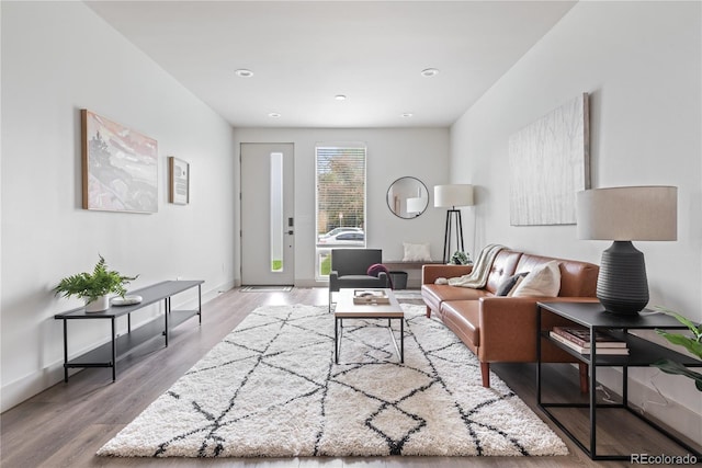 living area featuring wood finished floors, baseboards, and recessed lighting