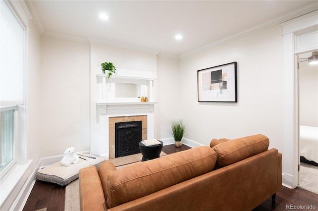 3071 W 38th Ave, Denver, CO 80211 - living room with dark wood finished floors, a tile fireplace, ornamental molding, recessed lighting, and baseboards