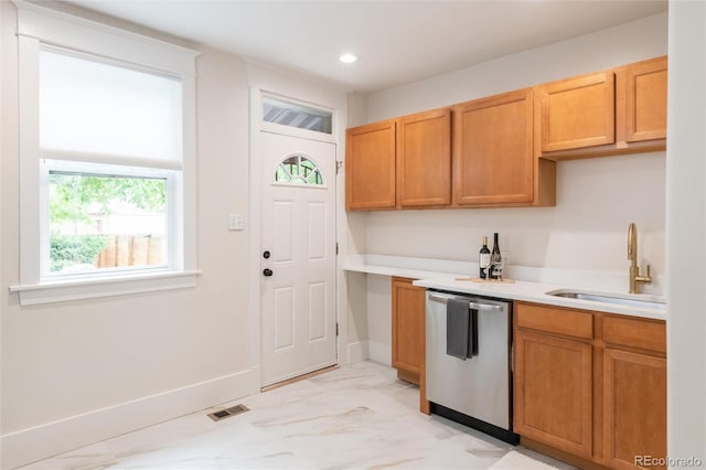 3071 W 38th Ave, Denver, CO 80211 - kitchen featuring stainless steel dishwasher, a sink, light countertops, baseboards, and recessed lighting