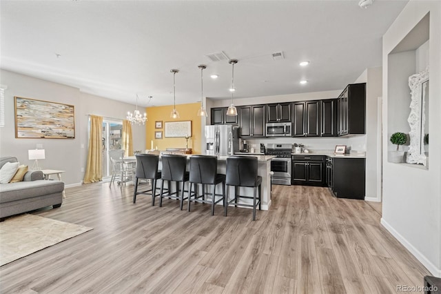 kitchen with a kitchen bar, appliances with stainless steel finishes, light wood-type flooring, decorative light fixtures, and a center island with sink