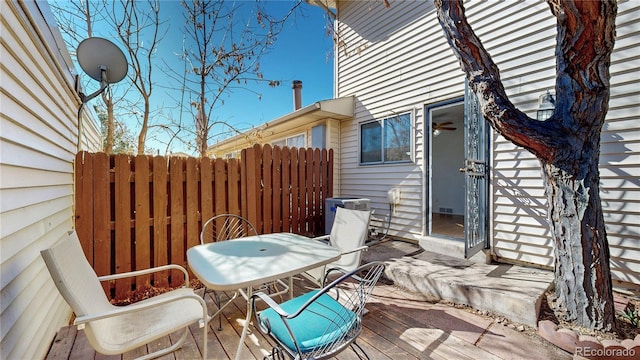 wooden deck with outdoor dining area and fence