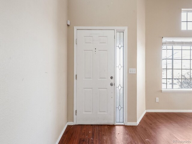 foyer entrance with baseboards and wood finished floors