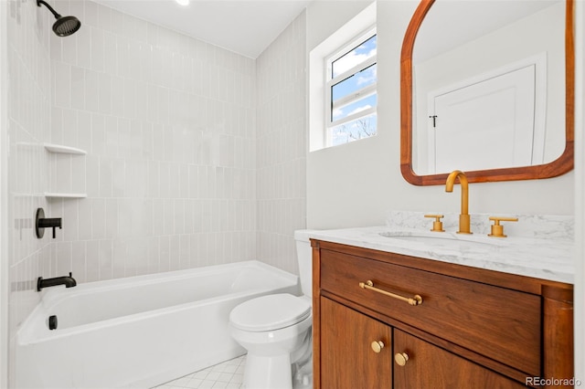 full bathroom with vanity, toilet, washtub / shower combination, and tile patterned floors