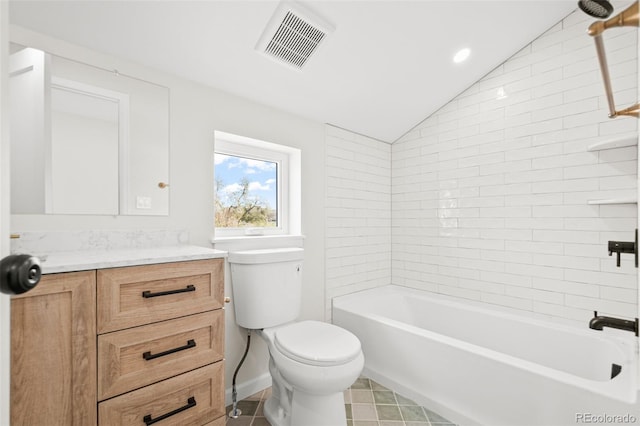 bathroom with toilet, visible vents, tile patterned flooring, lofted ceiling, and vanity